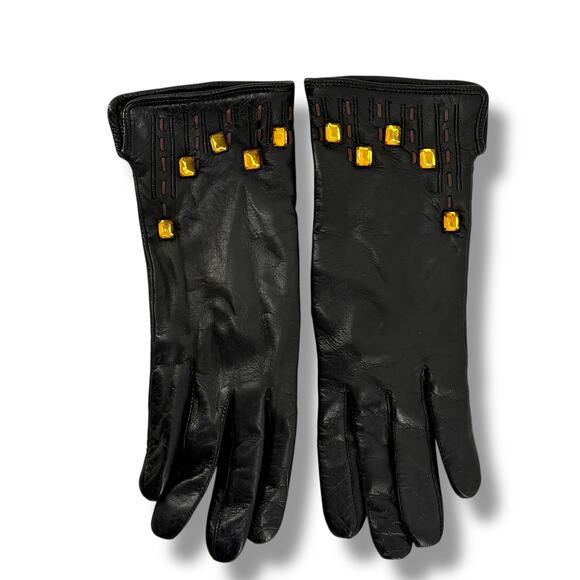 Leather Embellished Driving Gloves Womens Size 7 Black Yellow - Picture 2 of 6